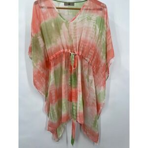 Women One Size Tie Dye Kaftan Kimono  Cover Up Peach Green Sheer Drawstring